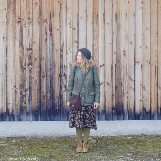 boho dress girl wooden wall winter